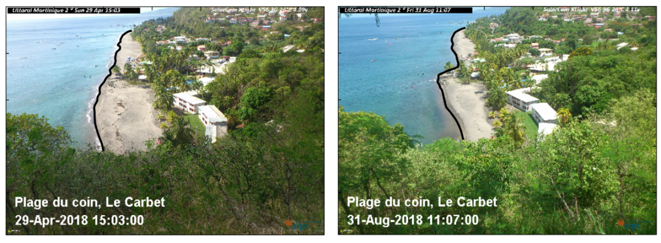 Un littoral en constante évolution (plage du Carbet entre avril et aout 2018)
© BRGM - Clément Bouvier
 Un littoral en constante évolution (plage du Carbet entre avril et aout 2018)