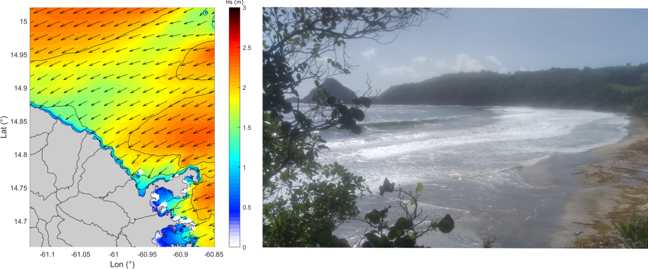 Carte des hauteurs et directions des vagues le 07 septembre à gauche (plateformes MARC-LOPS, https://marc.ifremer.fr/) et photographie capturée sur la plage de anse Charpentier (Marigot) le 07 septembre 2021 à 09h.
© BRGM
Carte des hauteurs et directions des vagues