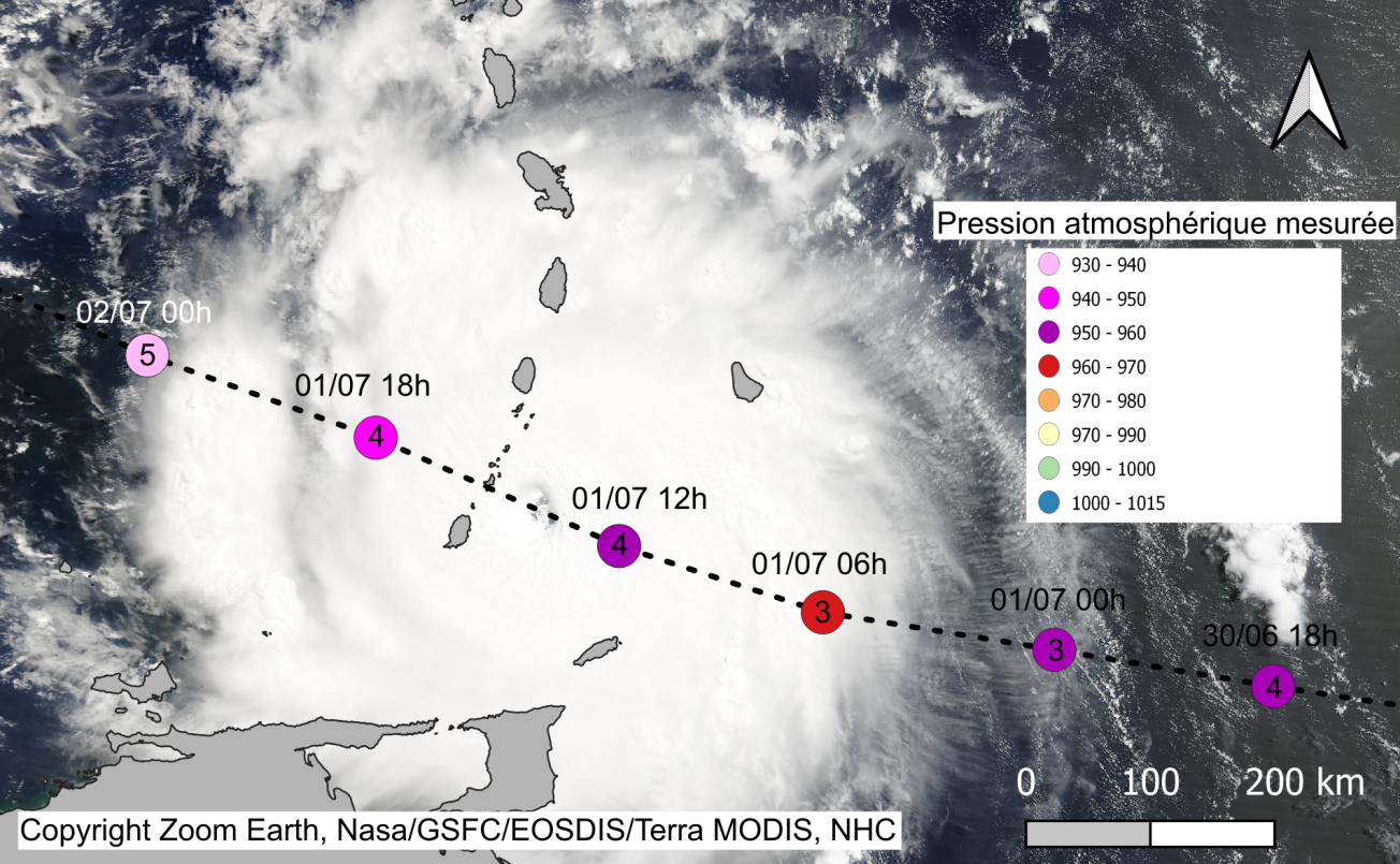 Trajectoire et intensité de BERYL sur les petites AntillesCopyright : Nasa/GSFC/EOSDIS/Terra MODIS, NHC trajectoire_Beryl