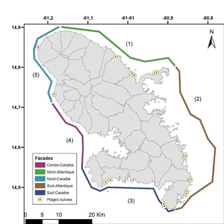 Carte des différentes façades et sites suivis par l'observatoire